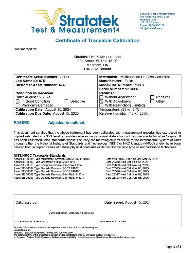 Fluke 725Ex Multifunction Process Calibrator Intrinsically Safe NIST Calibrated