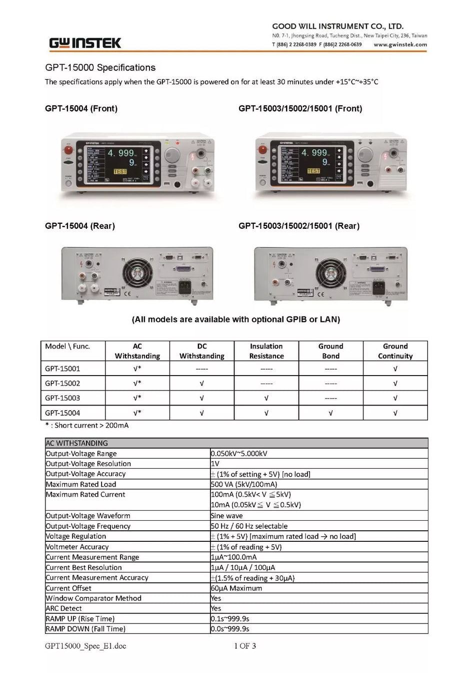 GW Instek GPT-15003 Safety Analyzer Tester Hi-Pot 500VA AC/DC/IR/GC