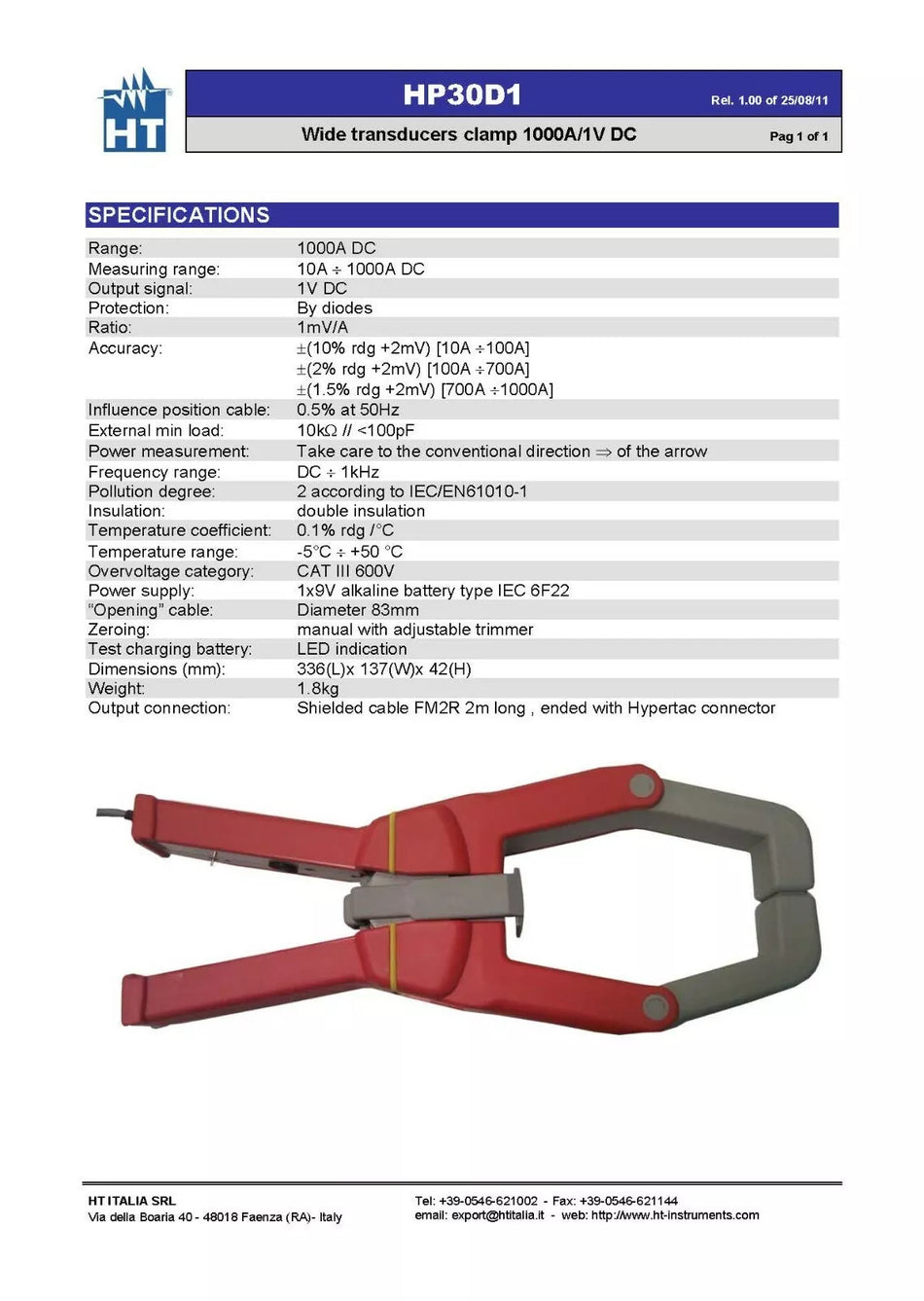 HT Instruments HP30D1 Standard Clamp For DC Current 1000A 83mm Clamp Opening
