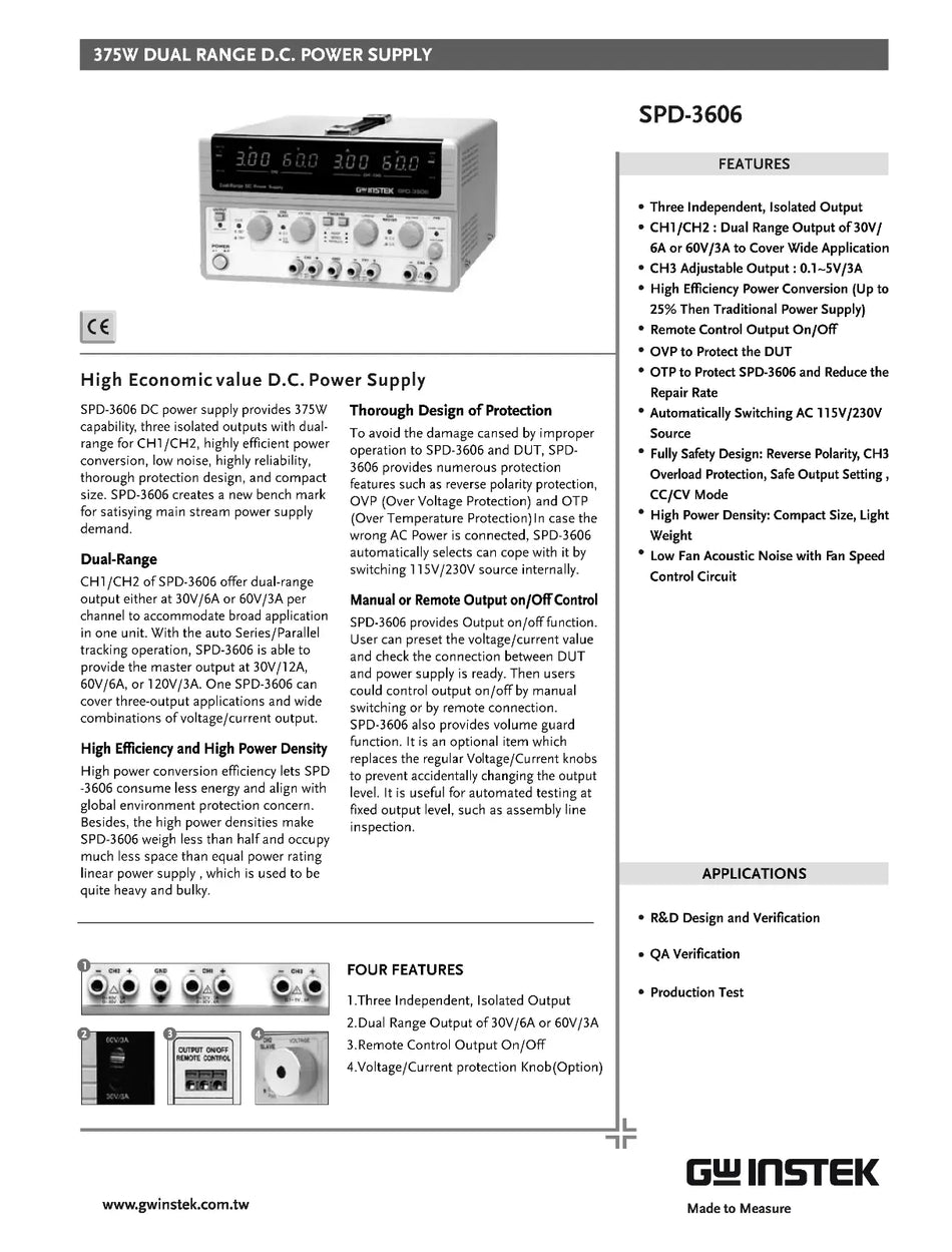 GW Instek SPD-3606 3 Channel Dual Range DC Power Supply 5V 3A