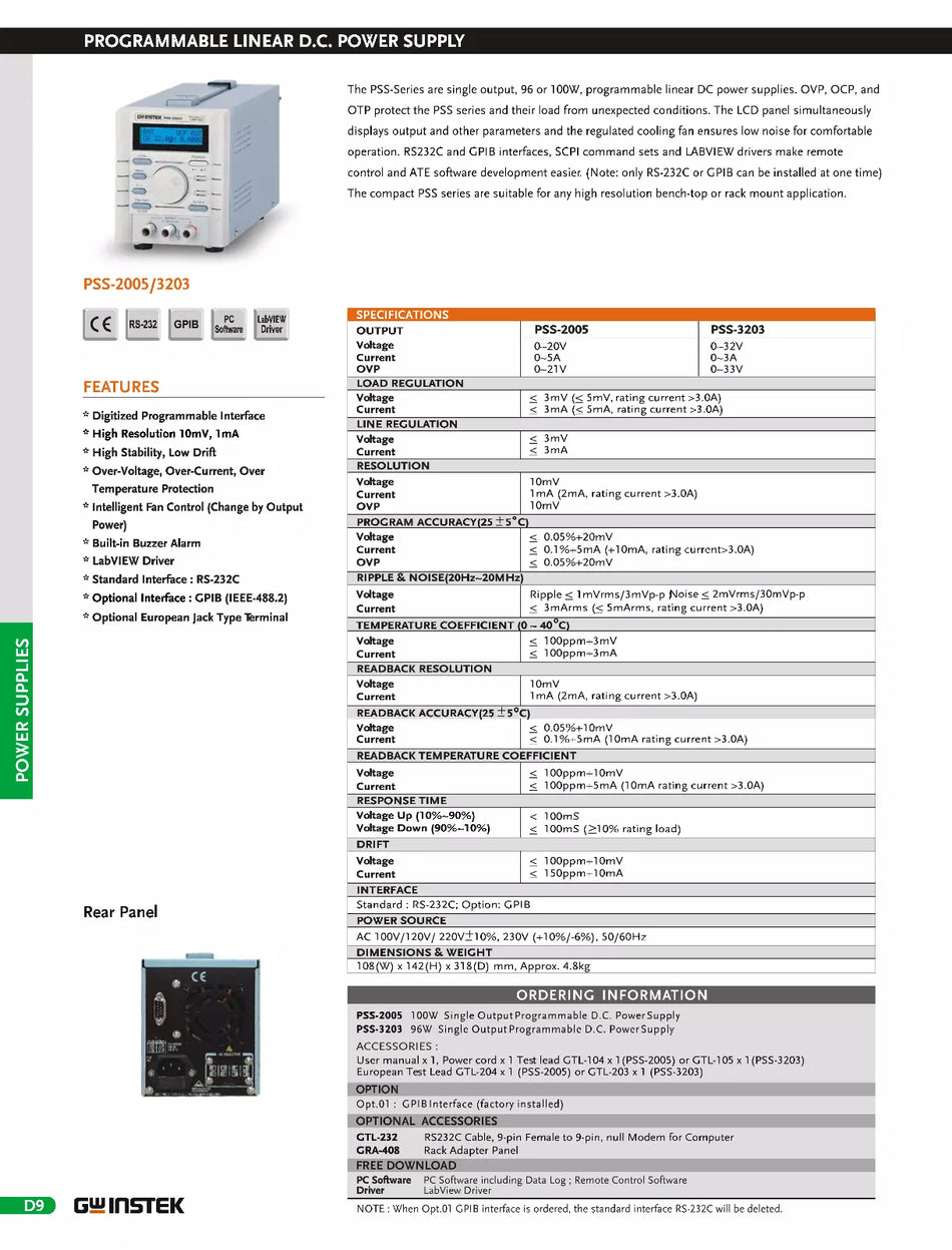 GW Instek PSS-3203 DC Linear Power Supply up to 32V 3A 96W