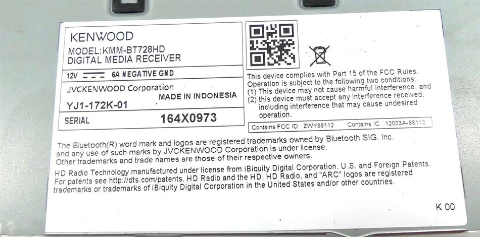KENWOOD KMM-BT728HD DIGITAL MEDIA RECEIVER - Free shipping