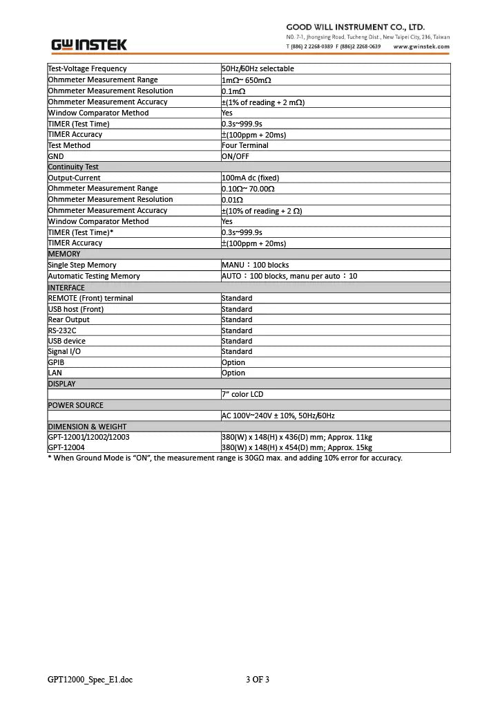 GW Instek GPT-12002 Safety Analyzer Tester Hi-Pot 200VA AC/DC Hipot