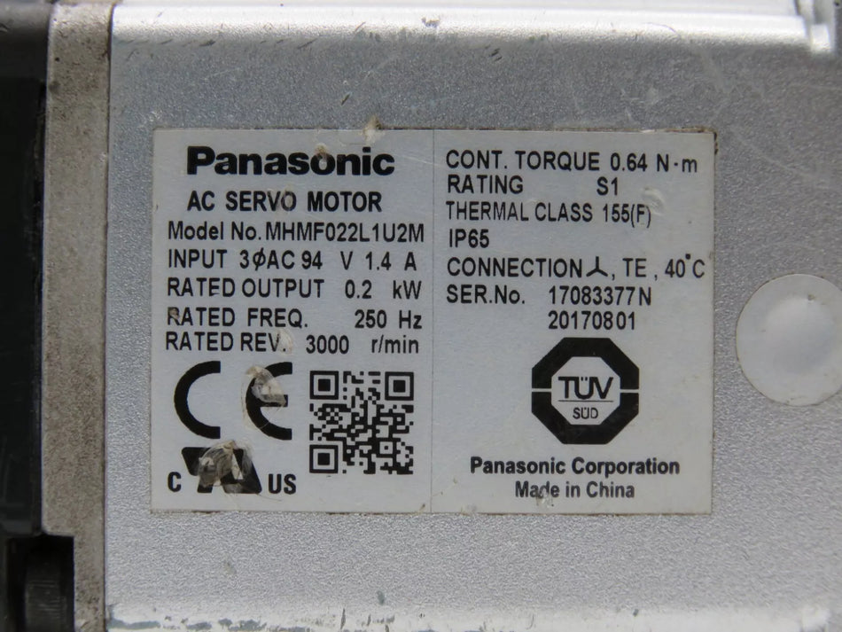 Panasonic MHMF022L1U2M A6 Series Servo Motor 200 Watt 3000-6500Rpm