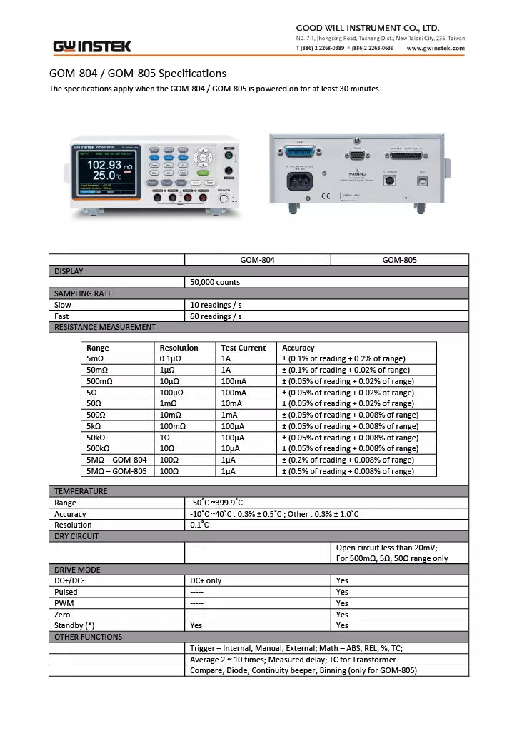 GW Instek GOM-804G DC Milli-Ohm Meter with Handler 50,000 Counts GPIB