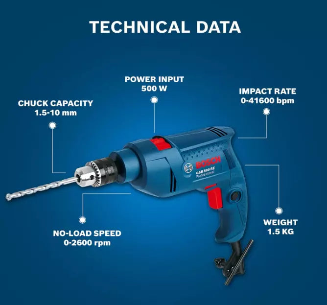 Bosch Electric GSB 500 RE 500W Drill Tool Set with 500W Motor and 100-Piece Box