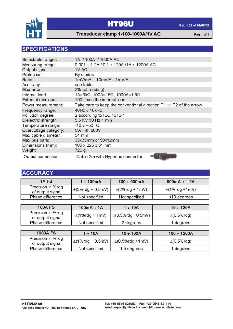 HT Instruments HT96U Transducer for AC Currents 1000A AC CAT III 600V
