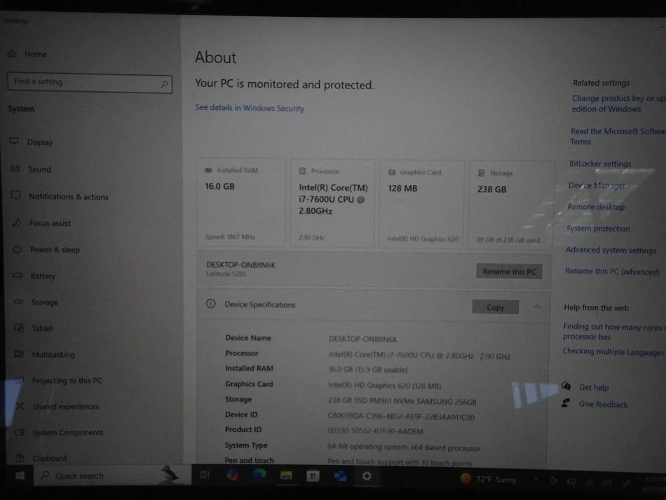 Dell Latitude 5285 Core i7-7600U 2.80GHz 16GB 256GB Touch Screen Win 10 Pro