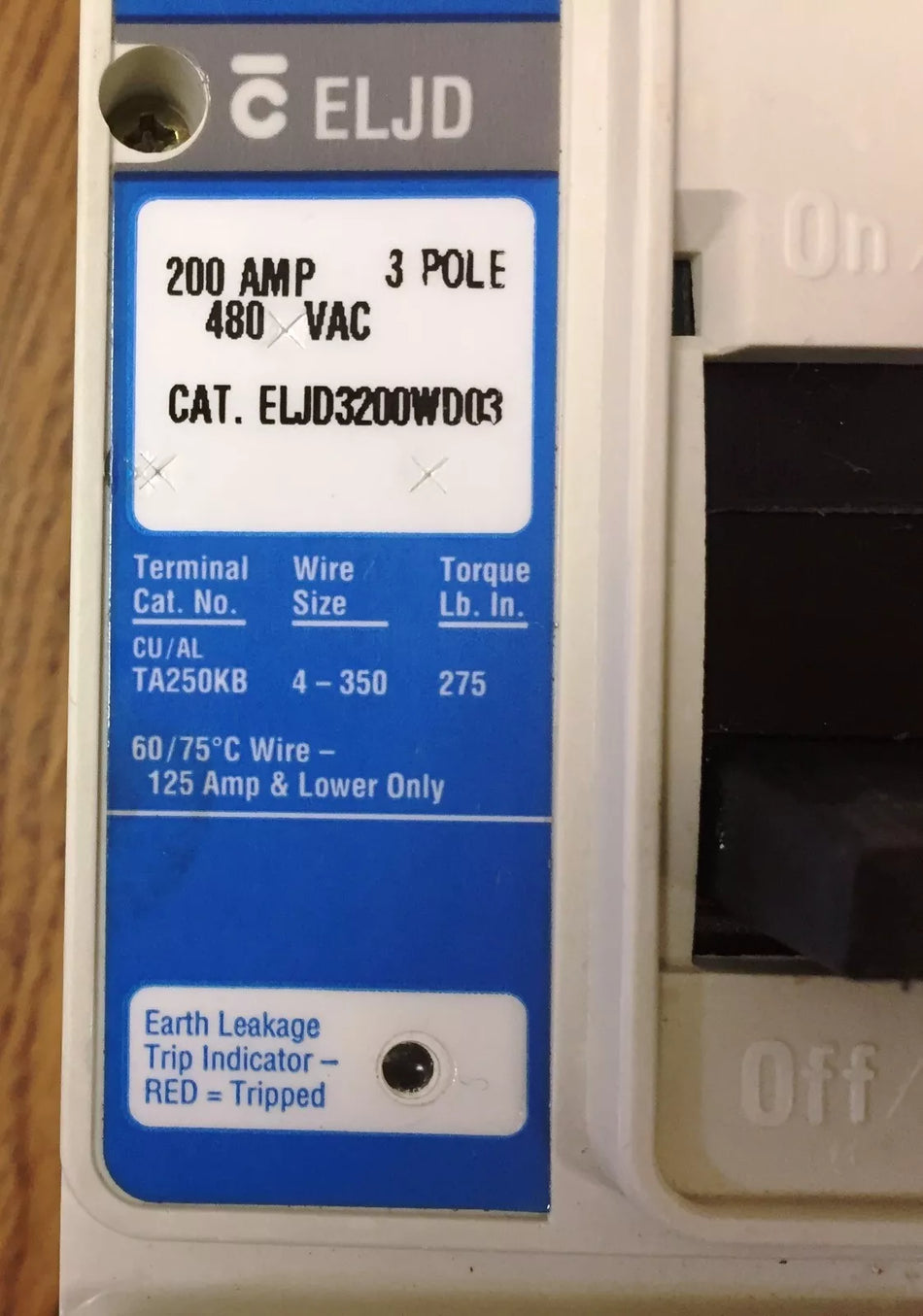 Eaton Cutler-Hammer ELJD3200WD03 3-Pole Circuit Breaker 480VAC 200 AMP