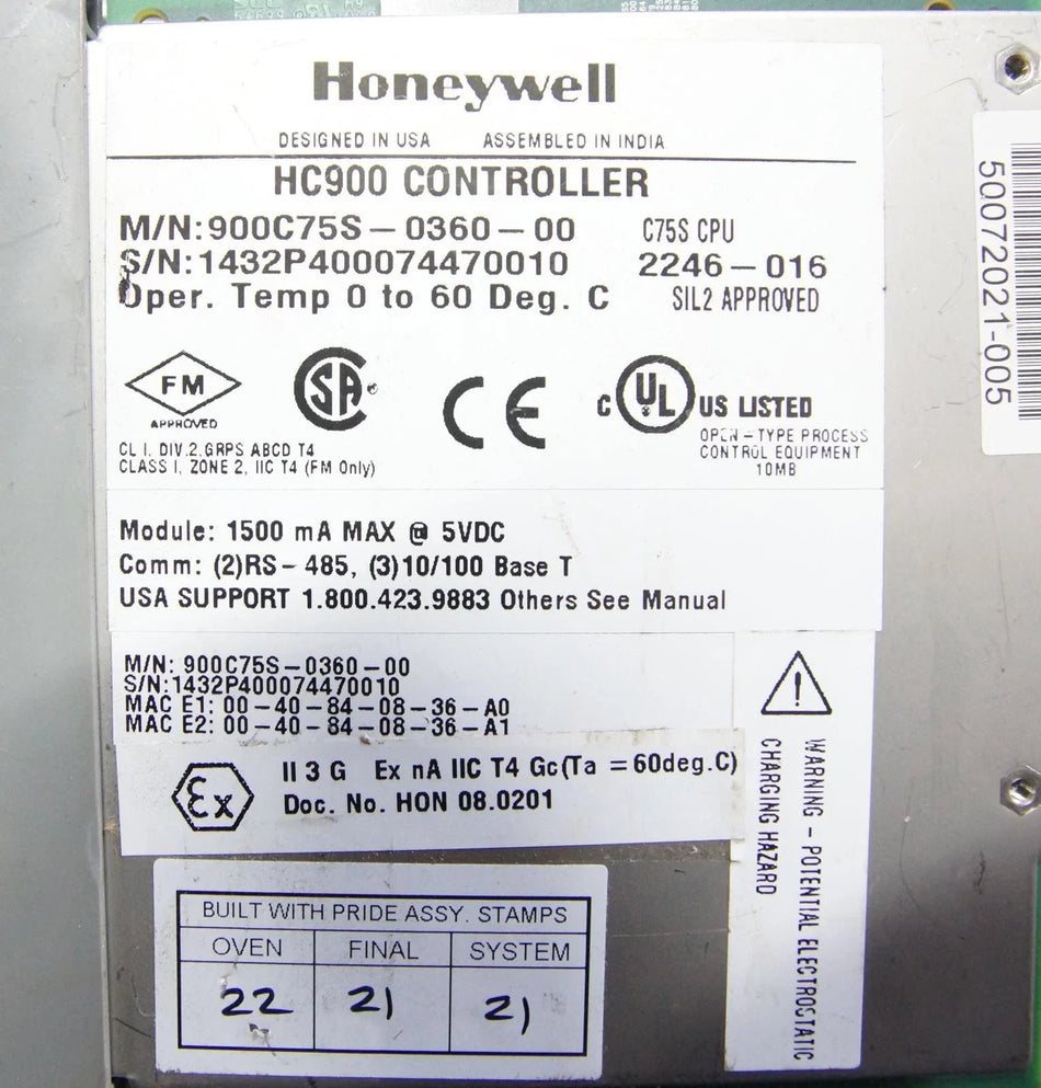 Honeywell HC900 C75S CPU Controller 900C75S-0360-00