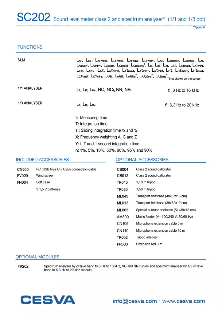 CESVA SC202 Sound Level Meter Class 2 Sound Meter 30.5 db - 140 db