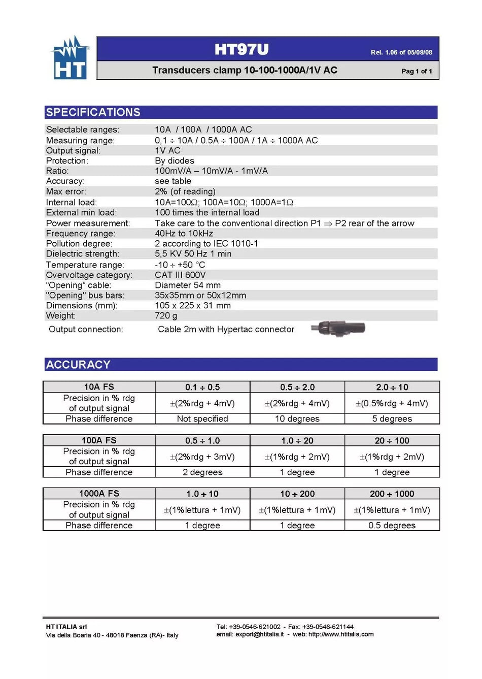 HT Instruments HT97U Transducer for AC Current 1000A AC CAT III 600V