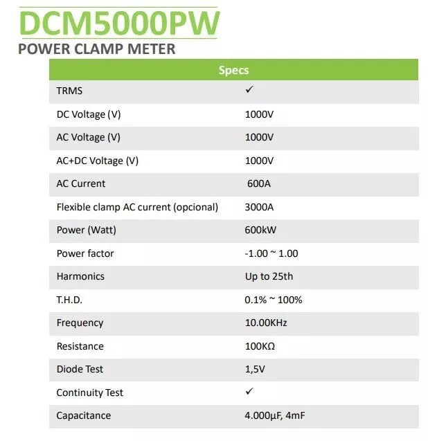 KPS DCM5000PW TRMS AC Power Quality Clamp Meter Inrush Harmonics Power Factor