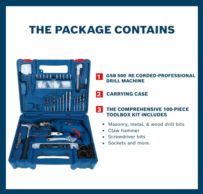 Bosch Electric GSB 500 RE 500W Drill Tool Set with 500W Motor and 100-Piece Box