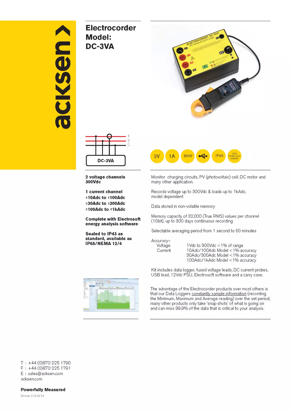 Acksen Electrocorder DC-3VA DC Energy Data Logger 30A, 300A IP65