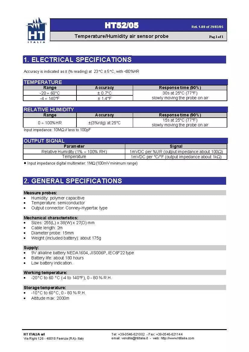 HT Instruments HT52/05 Probe for Air Temperature/Humidity Connect to DMM