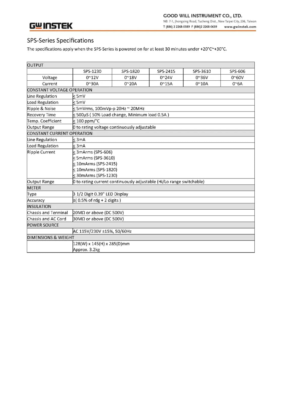 GW Instek SPS-3610 DC Power Supply, Single Output, 36 V, 10 A, 360 W