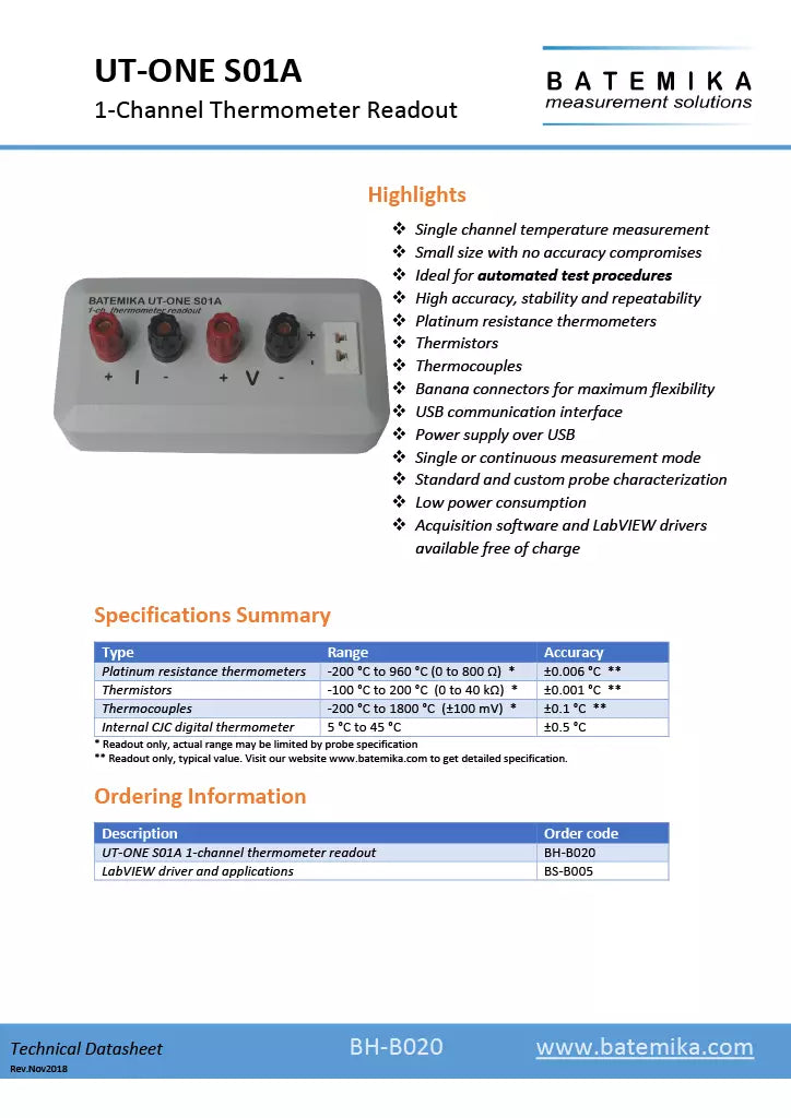 Batemika UT-ONE SO1A 1-Channel Thermometer Readout PRT Thermocouples Thermistors