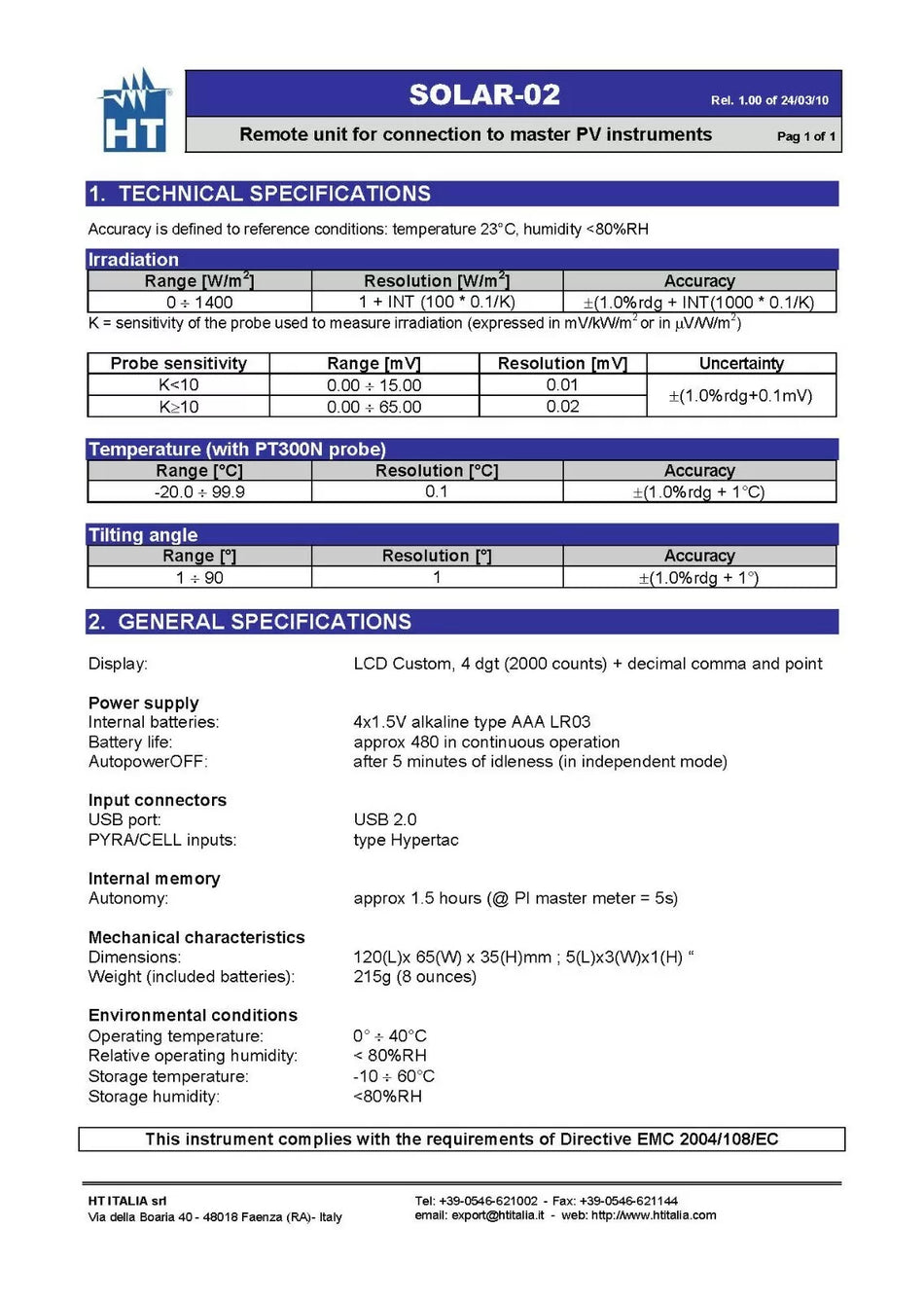 HT Instruments SOLAR02 Temperature Irradiation Recorder and Tilt Angle Meter