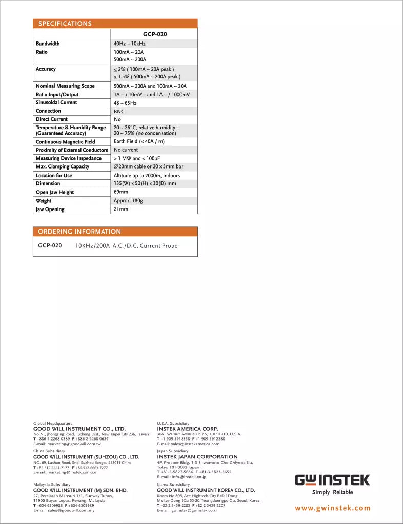 GW Instek GCP-020 AC/DC Current Probe 40Hz - 1kHz 20A 200A