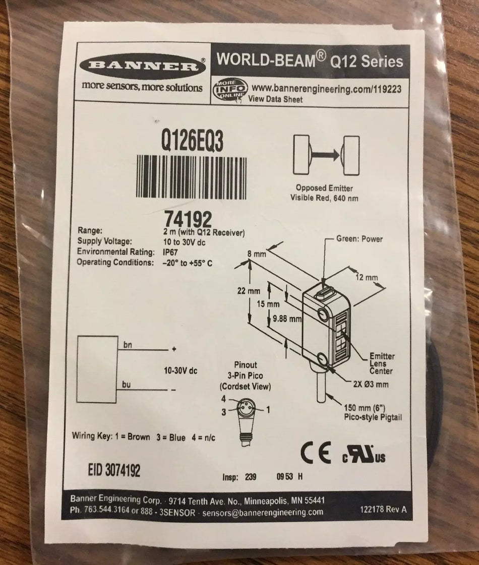 Banner Q126EQ3 Through-Beam Optical Sensor & Cable