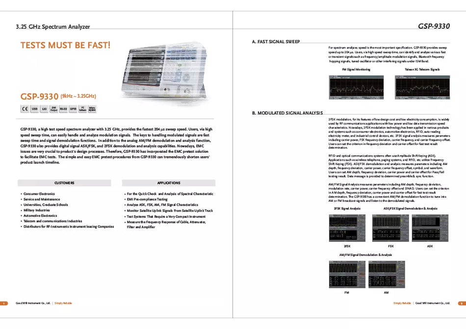 GW Instek GSP-9330TG Spectrum Analyzer 9kHz to 3.25GHz Tracking Generator