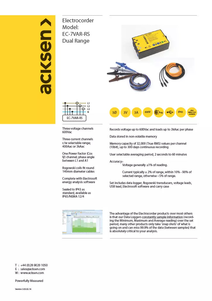 Acksen EC-7VAR-RS 3-Phase Voltage Current Power Factor Recorder 400A/3000A IP65