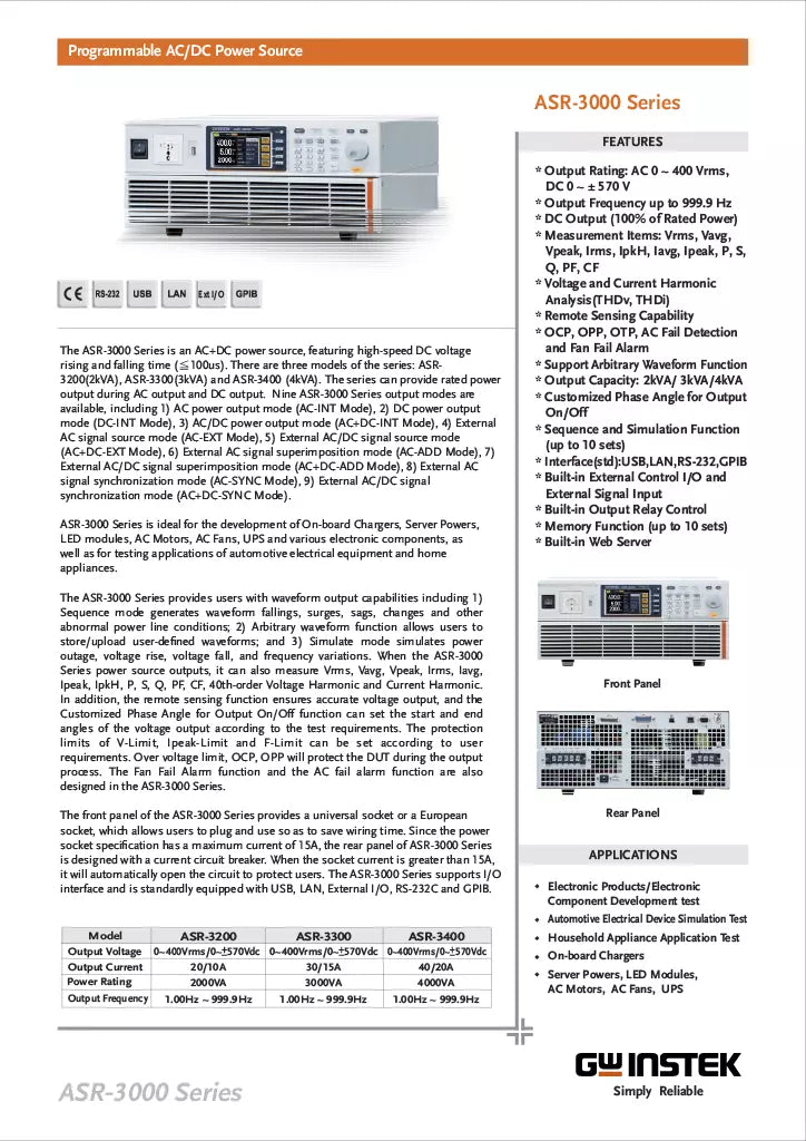 GW Instek ASR-3300 3kVA Programmable AC/DC Power Source 400Vrms AC 570Vrms DC
