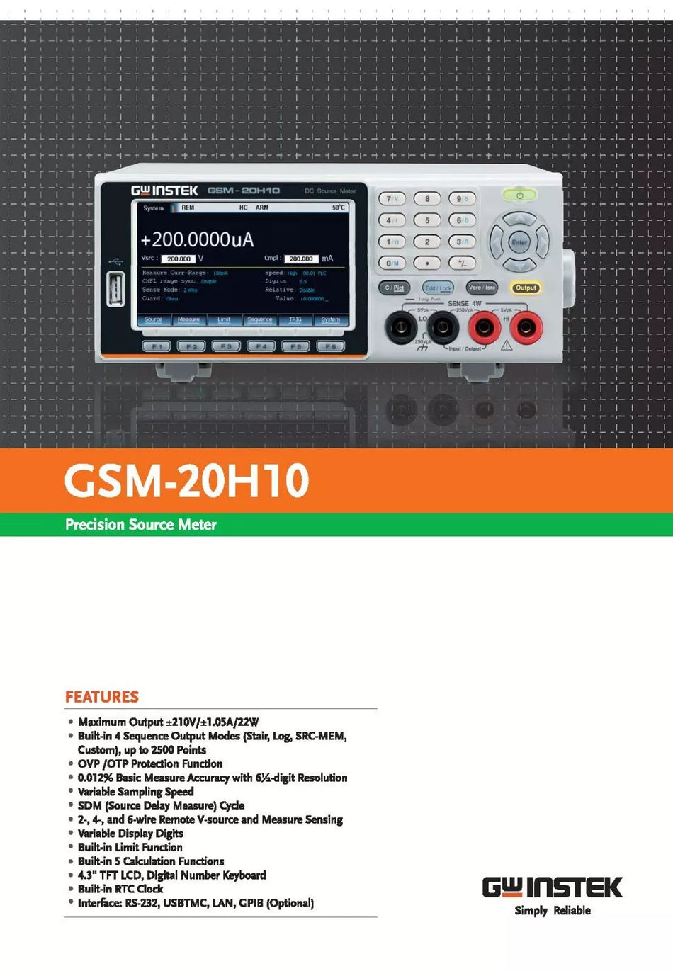 GW Instek GSM-20H10 Precision Source Meter 210V/1.05A/22W SMU Keithley 2400