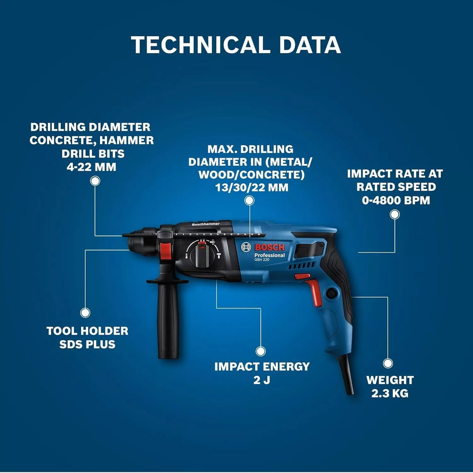 BOSCH GBH 220 Rotary Hammer Drill 720W SDS Plus 3-Mode Electric Hammer 2J Impact