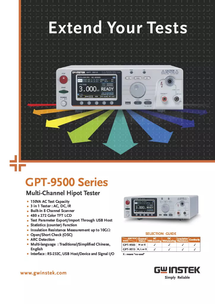 GW Instek GPT-9513 Hi-Pot Tester 8 Channel 150VA Hipot Safety Tester AC/DC/IR