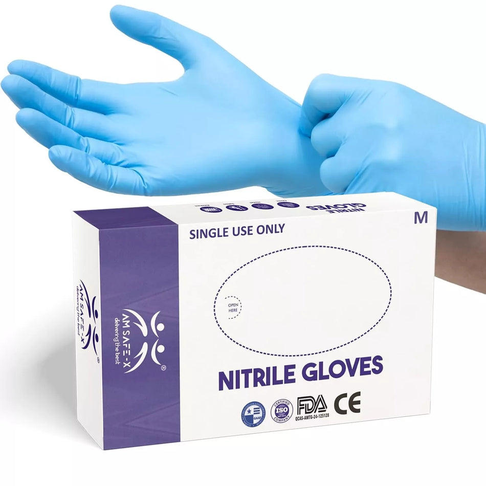 AM SAFE-X Blue Nitrile Gloves, Medium Size - 100 Pcs