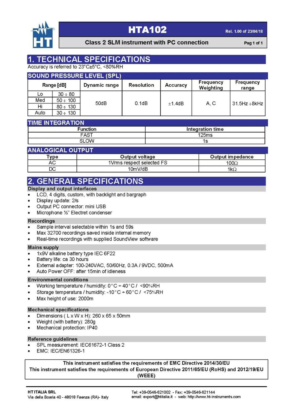 HT Instrument HTA102 Sound Level Meter Class 2 with Calibrator and PC Connection