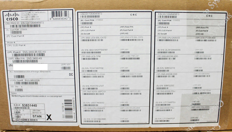 Cisco 3495 Secure Network Server SNS-3495-M-ISE-K9, 2x E5-2609, 600GB HDD