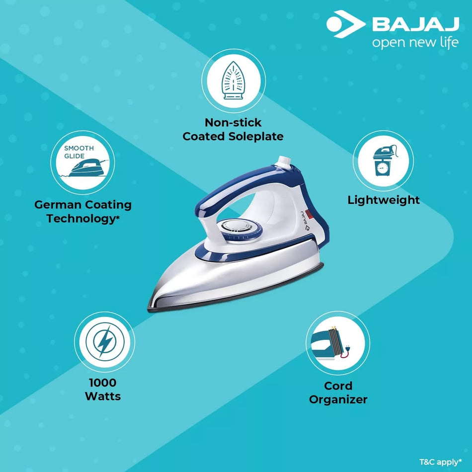 Bajaj Majesty DX-11 1000W Dry Iron with Advance Soleplate and Anti-bacterial