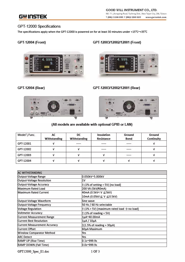 GW Instek GPT-12003 Safety Analyzer Tester Hi-Pot 200VA AC/DC and IR Hipot