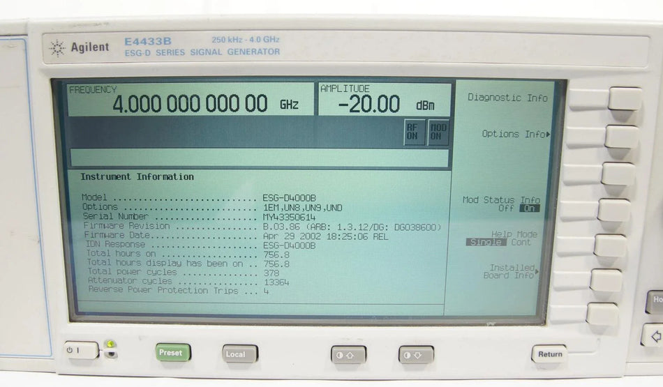 Agilent E4433B 4GHz ESG-D Series Signal Generator Options 1EM UN8 UN9 UND