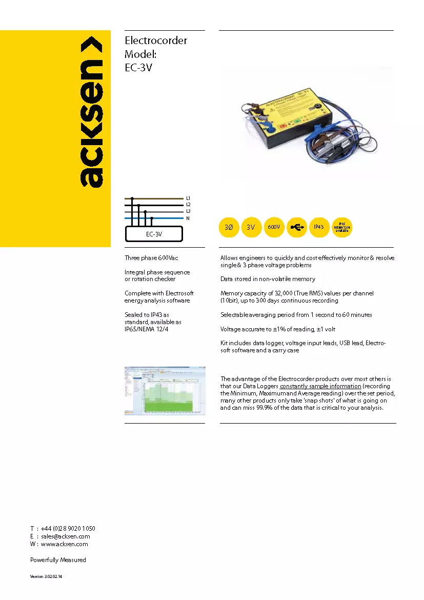 Acksen Electrocorder EC-3V Three Phase Voltage Recorder IP65