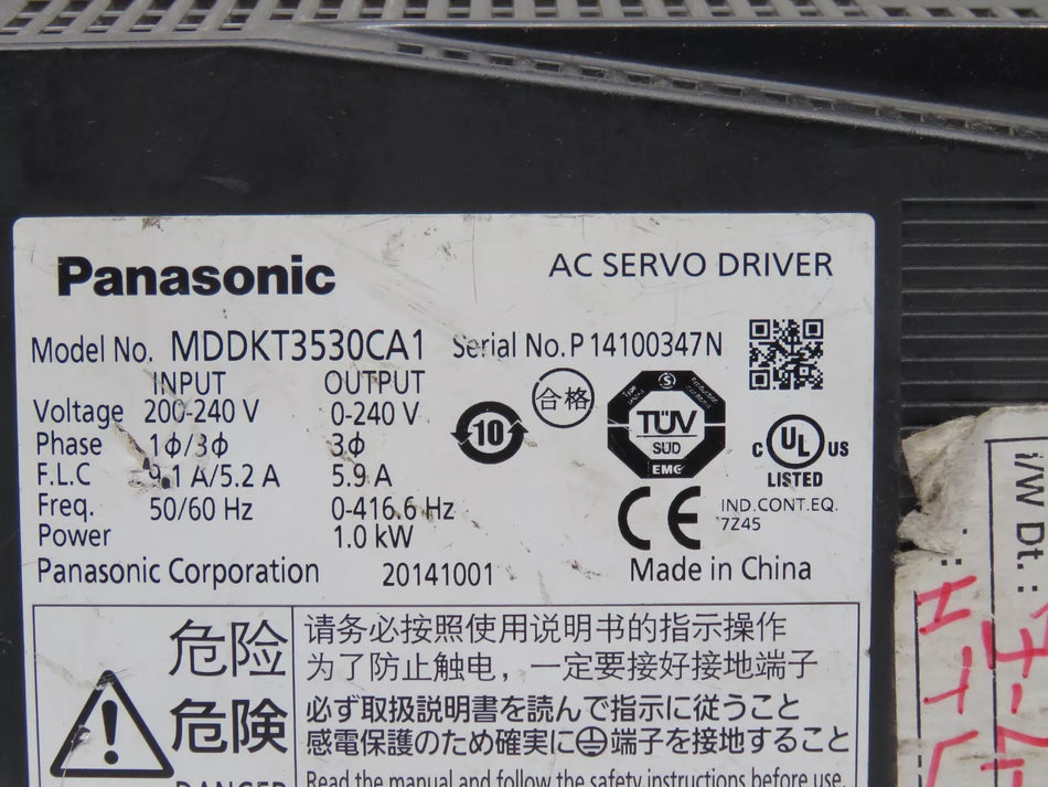 Panasonic MDDKT3530CA1 3.5 kW 200V 3000 RPM Motor